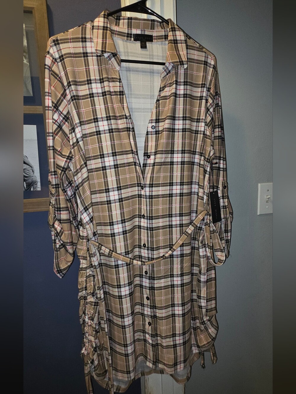 Faded Rose Beige Plaid Longline Womens Dress with Side Tie